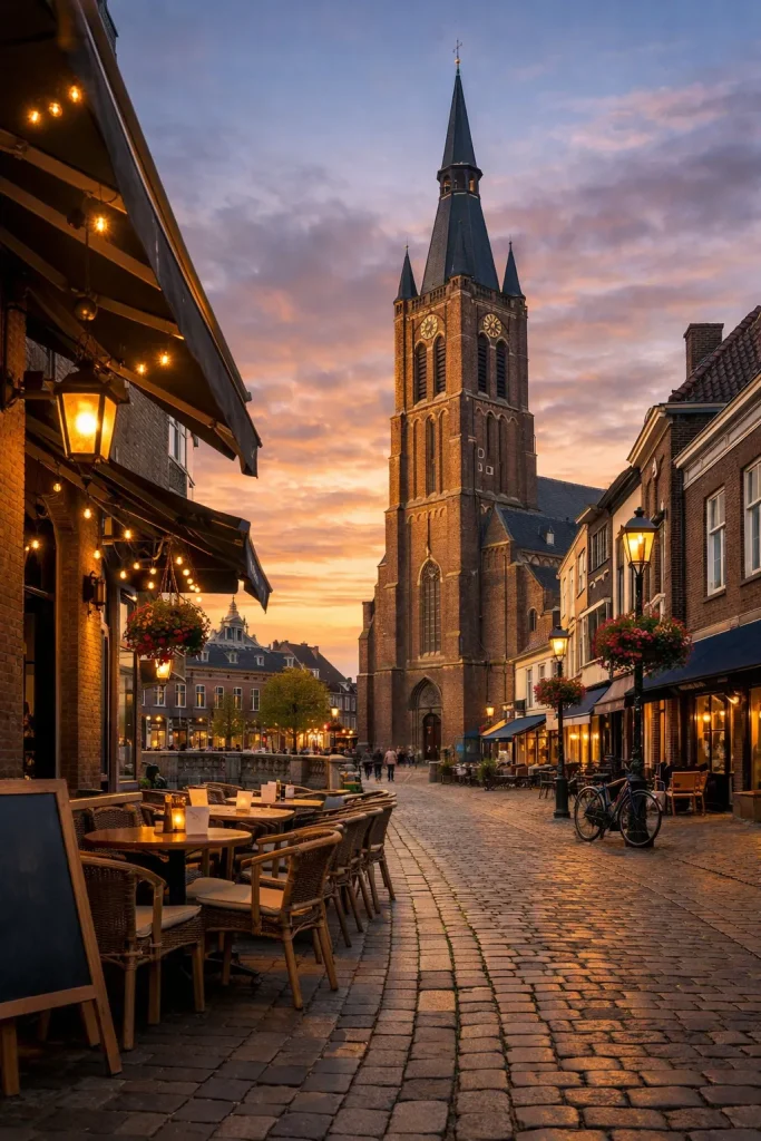 Gezellige straat in Weert bij zonsondergang met terras en kerk.
