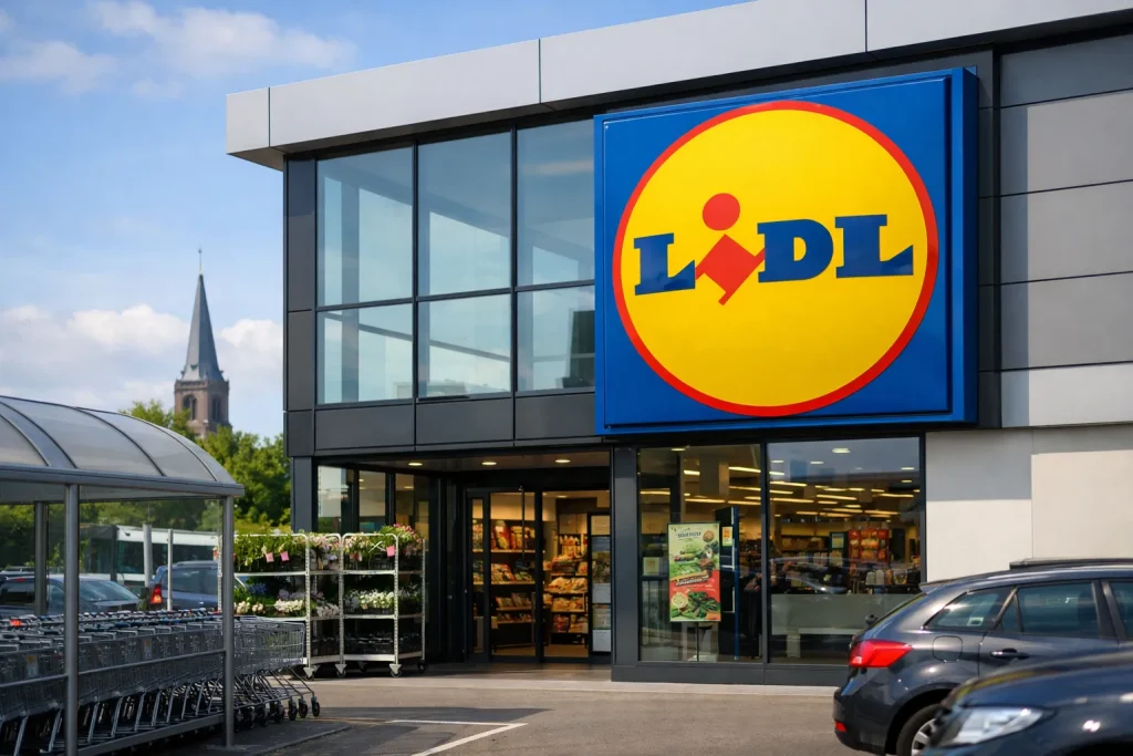 Voorkant van een Lidl supermarkt in Weert met parkeerplaats en winkelwagens.