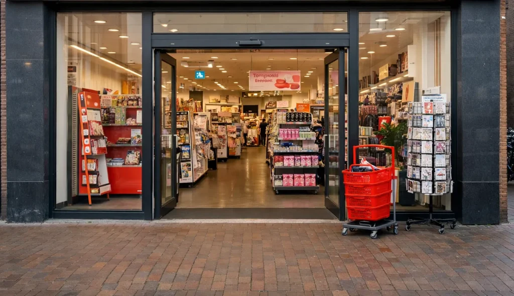 Ingang van HEMA winkel in Weert met rode gevel en open deuren.