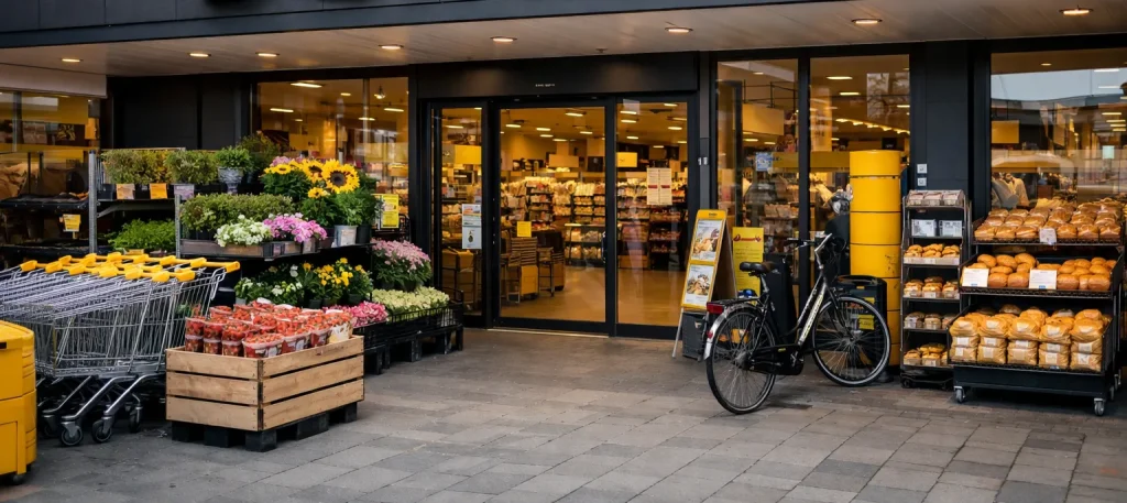 Ingang van Jumbo supermarkt in Weert met winkelgevel en winkelwagens