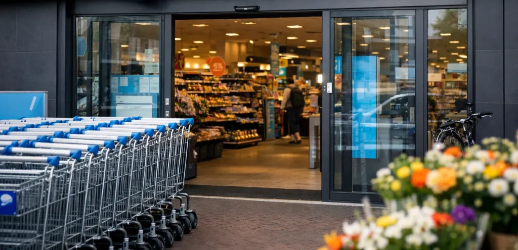 Ingang van Albert Heijn supermarkt in Weert met winkelwagens voor de deur.