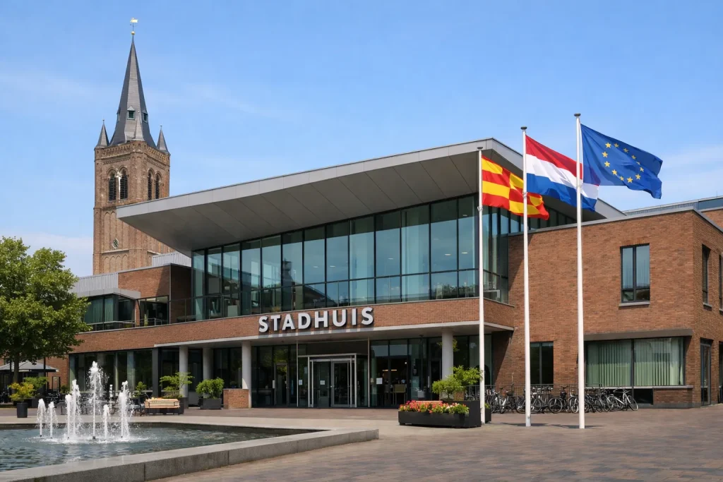Modern stadhuisgebouw in Weert met vlaggen en plein ervoor.