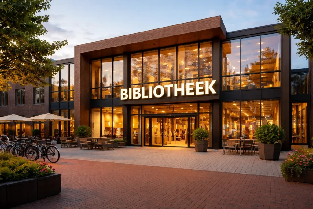 Moderne bibliotheekgebouw in Weert met glazen gevel en entreeplein