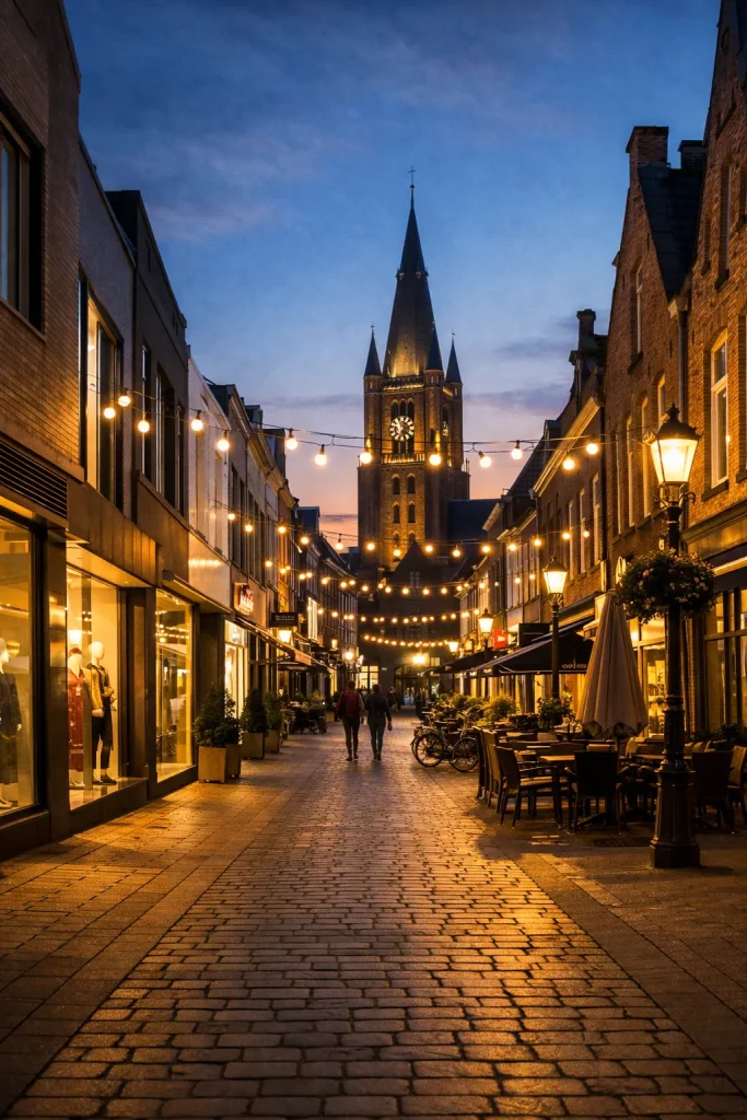 Verlichte winkelstraat in Weert tijdens koopavond in de avondschemering.