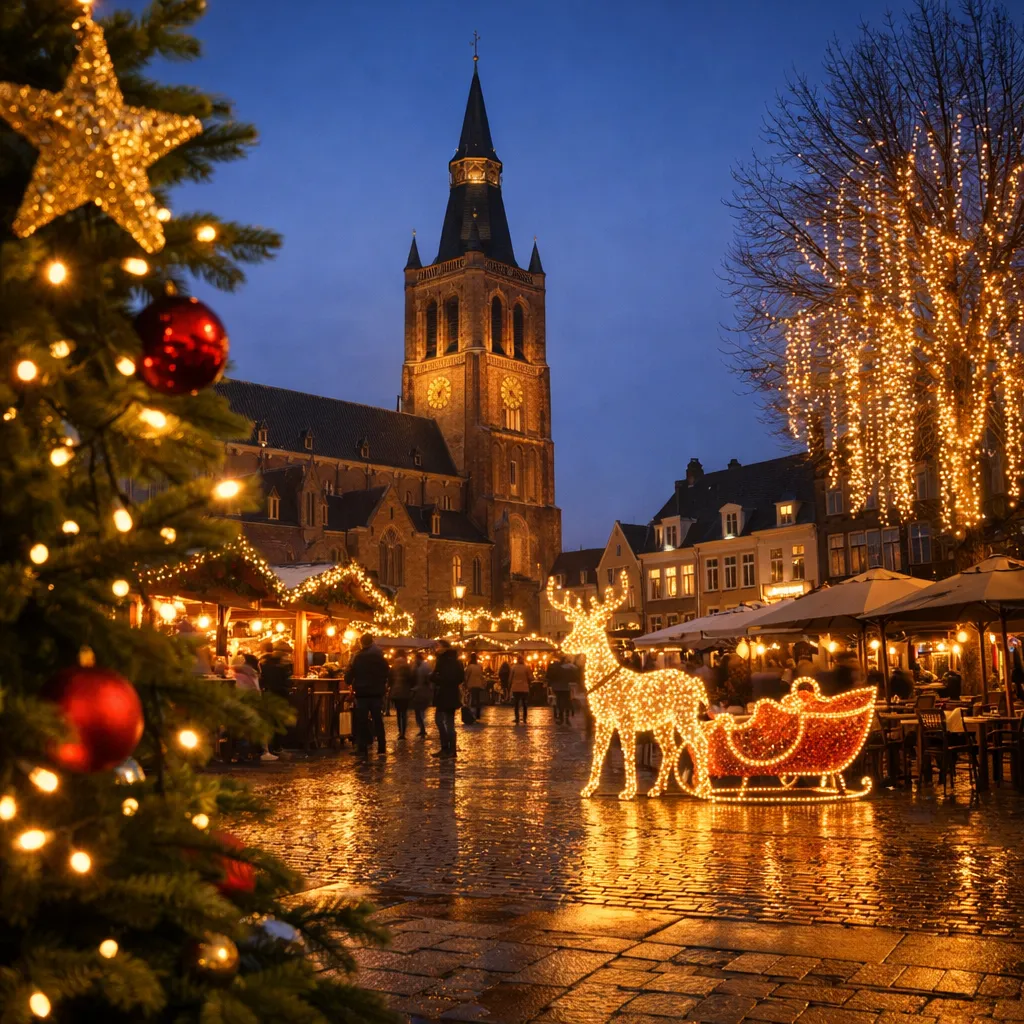 Verlichte kerstmarkt op het plein in Weert tijdens de feestdagen.