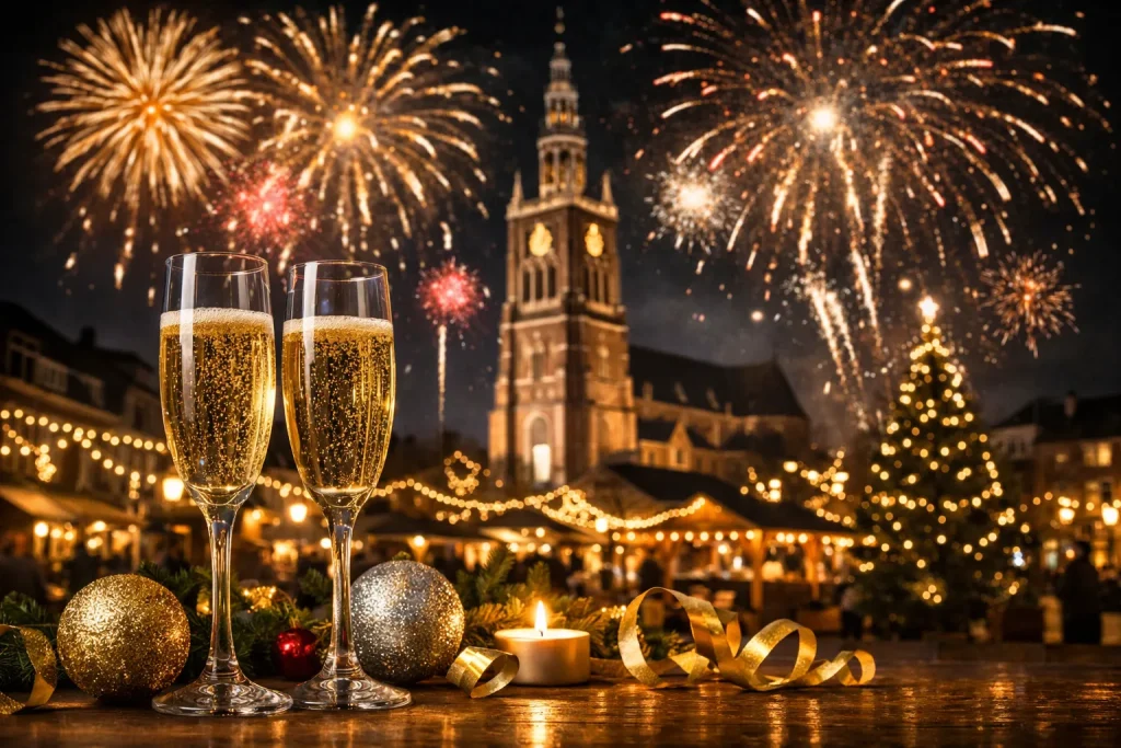 Vuurwerk boven het centrum van Weert tijdens Oud en Nieuw viering.