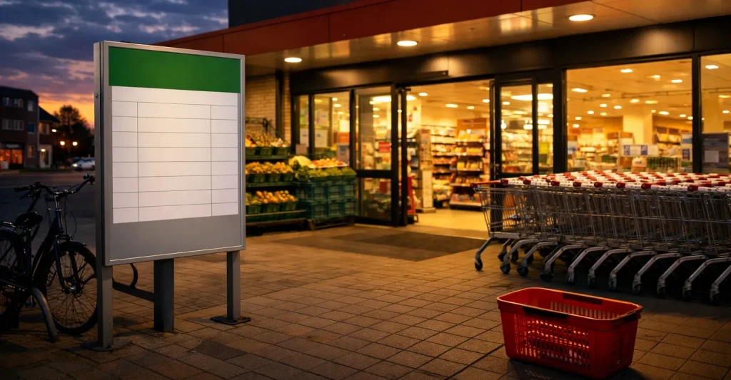 Ingang van een supermarkt in Weert in de avond met winkelwagens buiten.