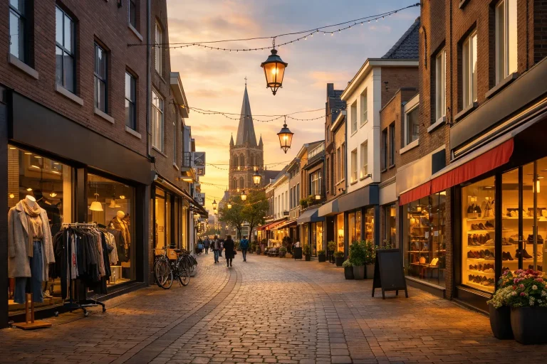 Winkelstraat in het centrum van Weert tijdens de avond met verlichte etalages en shoppers