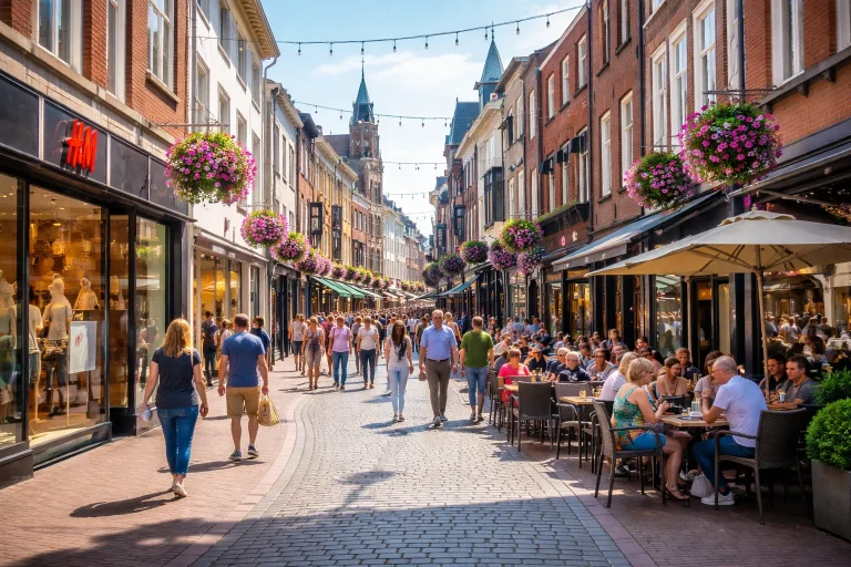 Drukke winkelstraat met winkels en terrassen in Weert