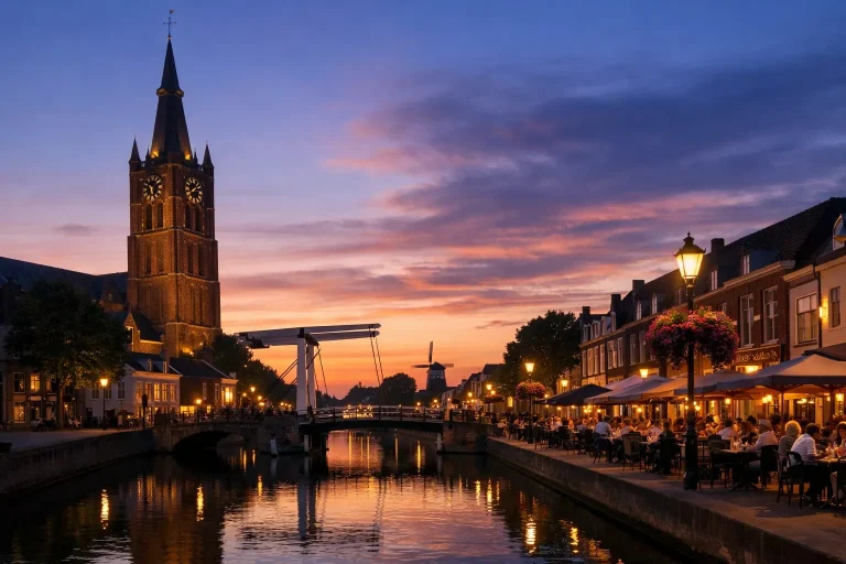 Avondbeeld van het centrum van Weert met kerk en kanaal