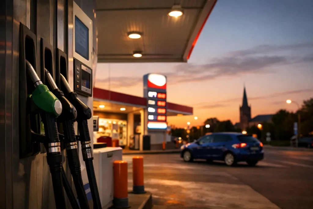 Tankstation met brandstofpompen in Weert tijdens zonsondergang