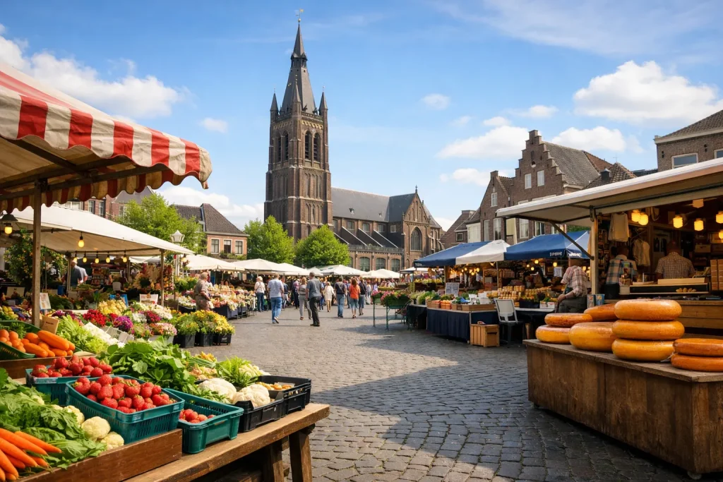 Drukke weekmarkt met kramen en bezoekers in Weert centrum